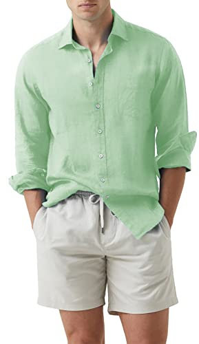 APOONABA Camicia Lino Uomo Manica Lunga Camicia Casual Coton Camicie Classico Tinta Unita Shirts Business T-Shirt con Tasca, 2-Verde, M