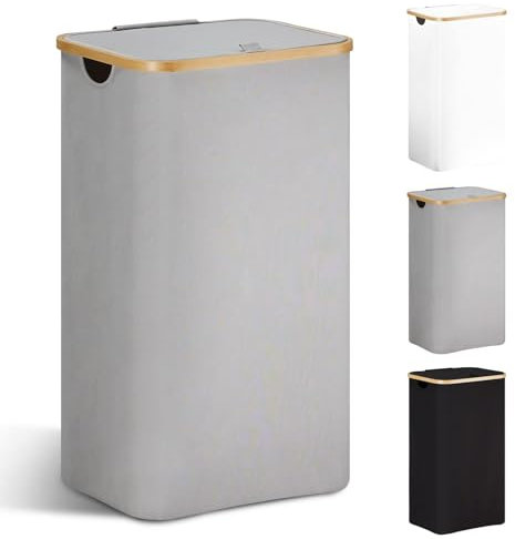 YOUDENOVA Laundry Basket with Lid 85-Litre Large Washing Baskets for Laundry with Laundry Bag Collapsible Laundry Baskets with Handles Laundry Hamper Bamboo Laundry Bin for Bedroom, Bathroom, Grey