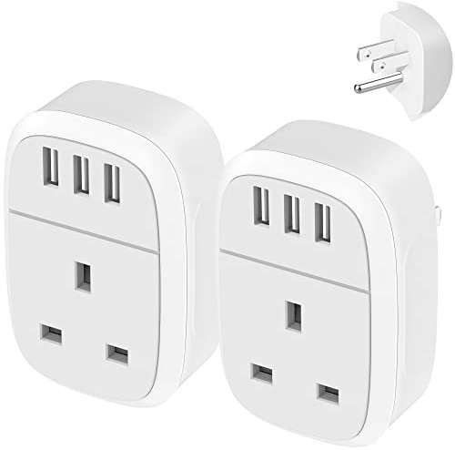 UK to US Adaptor Plug 2 Pack, USA Travel Adapter with 3 USB Ports, American Thailand Mexico Colombia Grounded Charger, 4 in 1 Plug Adapter from UK to USA for Phone, Pad, Android, Samsung (Type B)