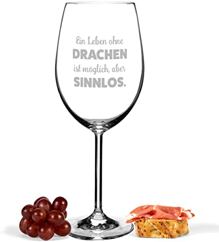 JUNIWORDS Weinglas mit Gravur, Ein Leben ohne Drachen ist möglich, aber sinnlos, Rotweinglas (1009751)