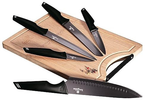 Berlinger Haus, Set de Couteaux de Cuisine Haut de Gamme, 6 Pièces avec planche à découper en bambou, couleur Black, en acier inoxydable avec revêtement noir antiadhésif, Collection Black Silver
