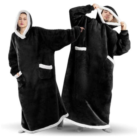 Oversized Hoodie Blanket, Blanket Hoodie, Women's Men's Flannel Sherpa Warm Comfortable Cuddly Pullover with Sleeves, Portable Full Body Blanket, Suitable for Adults, Teenagers, Black