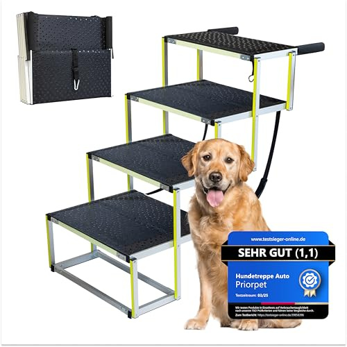 Hundetreppe Auto Klappbar – Extra breite Hundetreppe für Große Hunde – Für hohe Autos – Leuchtend im Dunkeln – Gelenkschonende Einstiegshilfe Auto Hund – Hundeleiter Faltbar – Zu 105kg – 4 Stufen