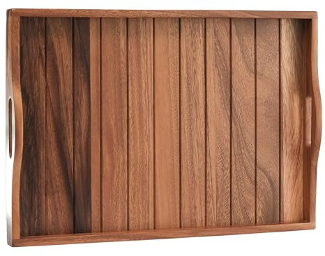 Large Acacia Wooden Serving Tray with Handles 50.5 x 35.3 cm Decorative Coffee Table Ottoman Tray for Living Room Extra Large for Dinner Food Bar Breakfast in Bed (Natural)