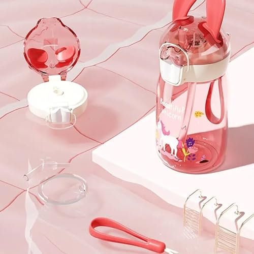 Horniou-Bouteille d'eau-Gourde enfant en Tritan et sans BPA- avec Paille et sangle(en forme lapin mignon)-400ML- pour lmaternelle-primaire-sport-(Rose)