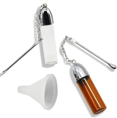 Fleymu 2 Piezas Mini Botella de Especias en Polvo, con Cuchara, Mini Botella de Bolsillo con Embudo, Vidrio a Prueba de Fugas, Frascos de Muestra de Vidrio para Exteriores(57 mm)