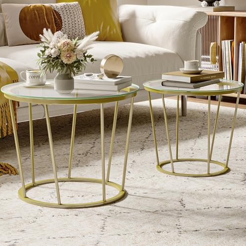 Hzuaneri Couchtisch Rund, Couchtisch 2er Set, Wohnzimmertisch, Sofa Beistelltisch, Modern, Abnehmbare Tischplatte, Kleiner Beistelltisch für Wohnzimmer, Balkon, Gold CT13599A