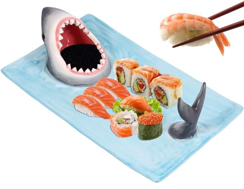 GUIJZSLTRG Sushi Serving Plate 33x20cm Ceramic Sushi Plate Shark Shape Food Snack Plate Japanese Style Porcelain Food Platter Artistic Food Serving Trays with Soy Sauce Holder for Dessert Side Dishes