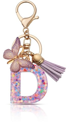 CHUQING Schlüsselanhänger Mädchen Buchstabe Schlüsselanhänger Anfangsbuchstaben Schlüsselbund mit Schmetterling für Frauen Lila D