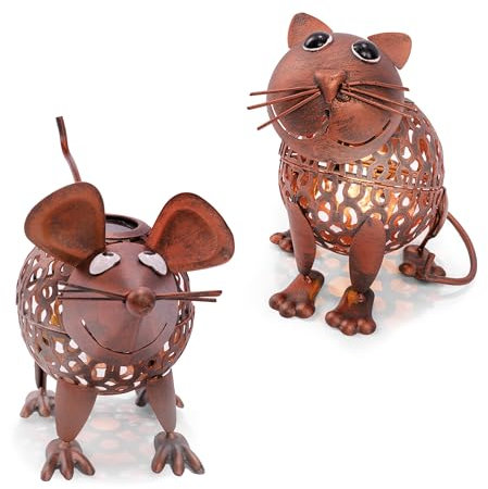 esotec Solar Gartenfiguren Katze und Maus | Dekofiguren AKKU LED | Gartendeko Balkondeko Gartenbeleuchtung Solarfigur Grabdekoration Gartenzwerg Terrassendeko outdoor METALL silber kupfer 103101