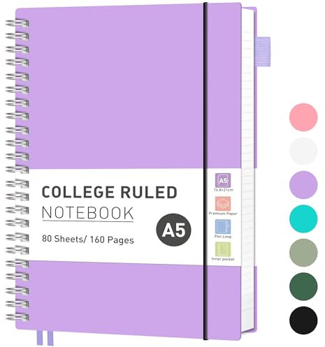 RETTACY A5 Notebook, Journals for Women Lined,Wirebound Spiral Notebook 160 Pages for Writing,100gsm College-Ruled Paper, PVC Pocket,Pen Loop, Ruler, Bookmark,14.5 x 20.7cm- Lilac