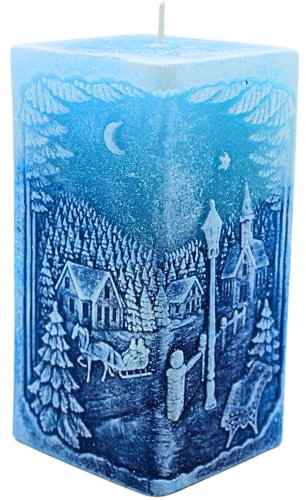 Hochwertige Tischkerze, Diodenkerze, Wachskerze mit LED, Blockkerze mit Winterlandschaft und Diode in blau, Farbwechselkerze, Größe L/B/H: ca. 7 x 7 x 14 cm.