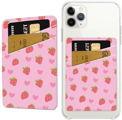 CREATCABIN Pink Phone Card Holder Leather Cell Phone Wallet Stick on Adhesive Credit Card Holder Slim Double Pocket Sticker for Back of Phone Case Compatible with Most Phones Strawberry 3.7 x 2.5 Inch