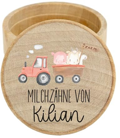 Personalisierte Milchzahndose mit Namen aus Holz mit kinderfreundlichem UV-Druck - Zahndose Milchzähne als Erinnerung an die ersten Zähnchen - Traktor - Trecker - Bulldog
