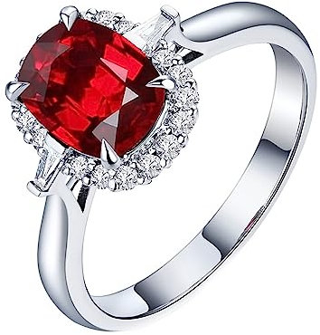 Eheringe 750 Gold, Damenring Modern Halo 4 Prong Labor Geschaffener Rubin 1.01ct Ovale Form Rot Trauringe Größe 45 (14.3) 18 Karat Weißgold