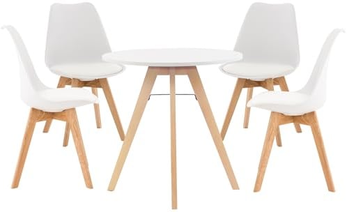 CLP Sitzgruppe Livik I Set aus 4X Stuhl Linares und 1x Tisch Viktor I runde Tischplatte Ø 75 cm I Moderne Essgruppe, Farbe:weiß