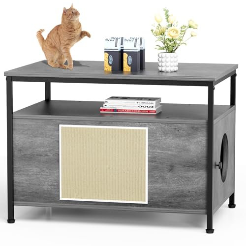 MAMIZO Mobile Lettiera per Gatti, Casetta in Legno, 80 x 50 x 59 cm, Armadietto per Gatti, Casa per Gatto Multifunzione con Ripiano Aperto, (Grigio, XL)