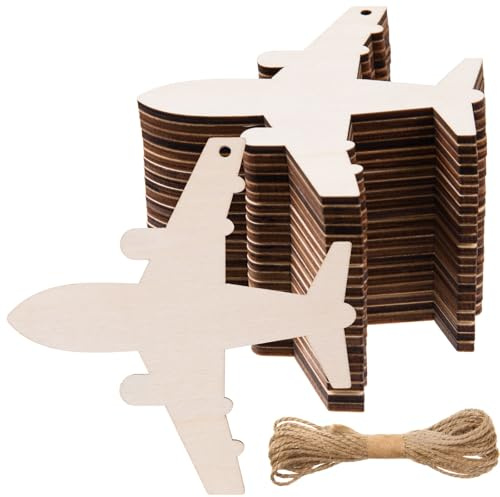AWIZOM Holz-Flugzeug-Ausschnitte, unlackiertes Holz, Flugzeug-Form, Ornamente, blanko, Holz-Flugzeugscheiben mit 100 m Schnur für Bastelarbeiten, Etiketten, Hochzeit, Geburtstag, Babyparty