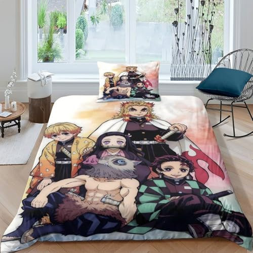 GDEKCIEAS Neuer Anime Demon Slayer Bettwäschegarnitur Bettbezug Set 3D Gedruckter Für Kinder Mädchen Jungen Bettwäsche Weich Microfaser Und Kissenbezüge Reissverschluss 2 Teilig Single（135x200cm）