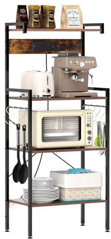 COSTWAY Kitchen Baker’s Rack, 4-Tier Microwave Oven Stand with Power Outlets, 8 S-Shaped Hooks, Adjustable Foot Pads & Anti-Toppling Device, Free Standing Utility Storage Shelf, Rustic Brown