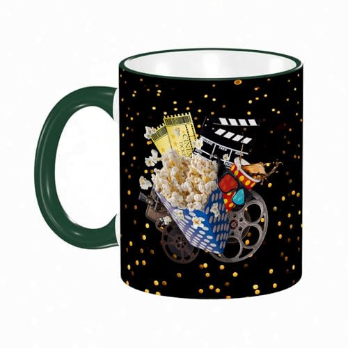 KDWJS Tasse Keramik Kaffeetassen Große 11oz Tassen 330ml Trinkgläser Mit Griff Personalisierte Geschenk Weiß,Kino Kinokarte Popcorn Cola Projektor Slapstickfilm 3D Brille