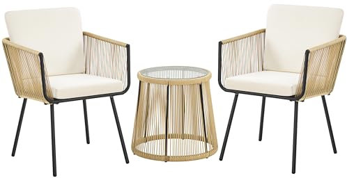 Yaheetech 3TLG. Rattan Balkonset, Gartenmöbel Set inkl. 2 Stühle mit 6cm Dick Sitz- und Rückenkissen & 1 Tisch mit 5mm Dick Hartglasplatte, Gartensitzgruppe für Balkon Outdoor, Hellbraun/Cremeweiß
