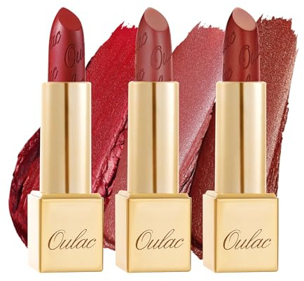OULAC Metallic Shine Matte Lipstick Set, Red Plum Lipstick Set Glitter Long Lasting Lipsticks, High Impact, Ultra Hydrating Lip Color, 4.3 g*3(12+GM05+GM13)