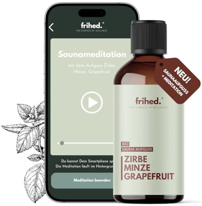 frihed.® Bio Saunaaufguss Zirbe, Minze & Grapefruit mit App Meditation - Hochkonzentriertes Saunaöl - klärend - Langanhaltender Duft - Made in Lüneburg