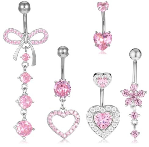 JJUNW 5 Stück Lange Bauchnabelpiercing Set, Edelstahl Piercing Bauchnabel, Schmetterling Herz Blume Anhänger Bauchnabel Schmuck Damen Nabel Piercing Schmuck für Frauen