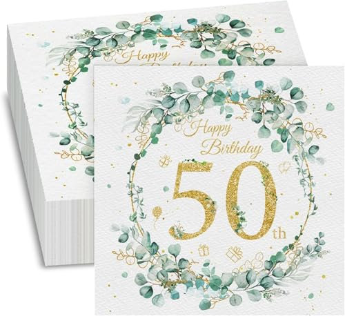 50. Geburtstag Deko Servietten - 40 Stück Servietten, Servietten Eukalyptus Grün, Happy Birthday 50 Servietten, Papierservietten für 50 Geburtsta Frau Geburtstag Feiern Party Jubiläum