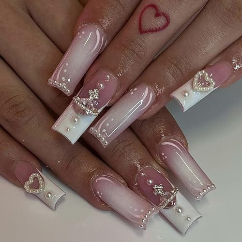 French Tip Press On Nails Long - 24Pcs Pink-White GradientSquare False Nails - 3DShiny Fake Nails with Love Pearl And Rhinestones Designs - Full Cover French Glue on nails for Women