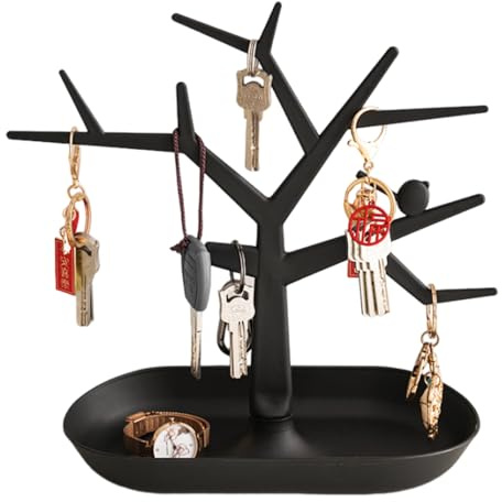 MIUPOO Tabletop Key Holder Stand Tree Key Rack,Stand Jewelry Display Necklace Ring Earring Holder Rack,Jewelry Organizer Tray Home Decor for Home Entryway,Black,1 piece.