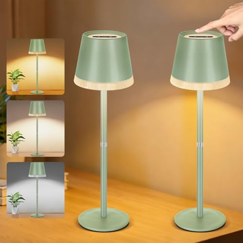 OUTON LED Tischlampe Kabellos mit Akkuanzeige, 4000mAh Akku Tischleuchte USB-C Aufladbar, 3 Farbtemperaturen & Stufenlos Dimmbar, Touch Steuerung, Memory, Tragbare Lampe für Indoor & Outdoor, Grün