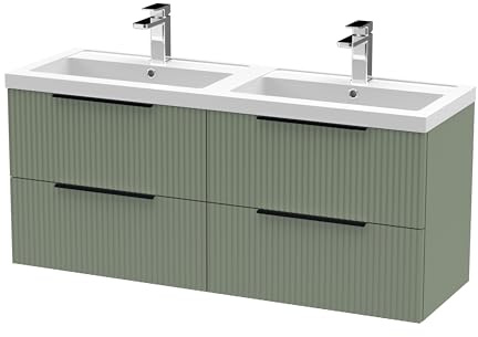 Balterley Vanity Unit with Basin Wall Hung, 4 Drawer Soft Close with 2 Rectangular Sink and Handles, Bathroom Vanity Units with Basin, Fluted Front Sink Cabinet - 1205 x 383 x 540mm (Green)