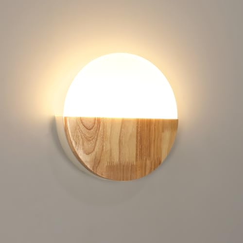 LED Wandleuchte Holz Massiv, Moderne Wandlampe Innen 5W, Warmweiß 3000K, Runde Wandlicht aus Acryl, für Schlafzimmer Wohnzimmer Flur