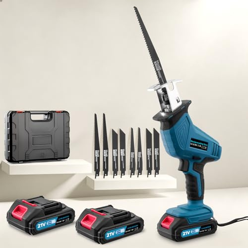 Papasbox Scie sabre sans fil 0-4000 tr/min | Scie réciproque avec éclairage LED et 2 batteries de 2000mAh, chargeur rapide 21V | Scie universelle avec 8 lames de scie pour bois, métal, PVC