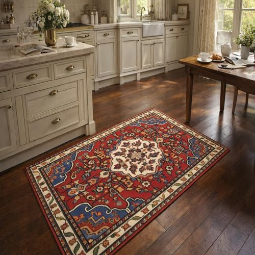 VARIKASHOM Teppiche Wohnzimmer Schlafzimmer, Bürostuhl, Sofa,leicht zu reinigen, Vintage-Muster im orientalischen Stil, traditionell in Rot, Blau, Grün und Beige, 90 x 120 cm