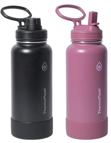 ThermoFlask Stainless Steel Water Bottle, 32 oz, Double Wall Vacuum Insulated, Leakproof, 2-Pack (Black/Pink)