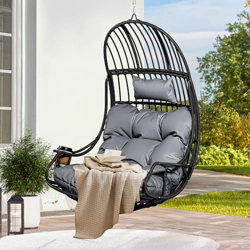 YITAHOME Rattan Hängesessel 150kg, mit Kissen & Getränkehalter, Grau | Hängesessel in Eiform für drinnen und draußen, mit Getränkehalter – für Terrasse, Schlafzimmer, Garten und Balkon