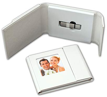 Hochwertiges Leder USB-Case/Album mit USB-Fach mit Sichtfenster für persönliches Coverbild – Ideal zur Aufbewahrung von Hochzeitsfotos & digitalen Erinnerungen (Weiss)