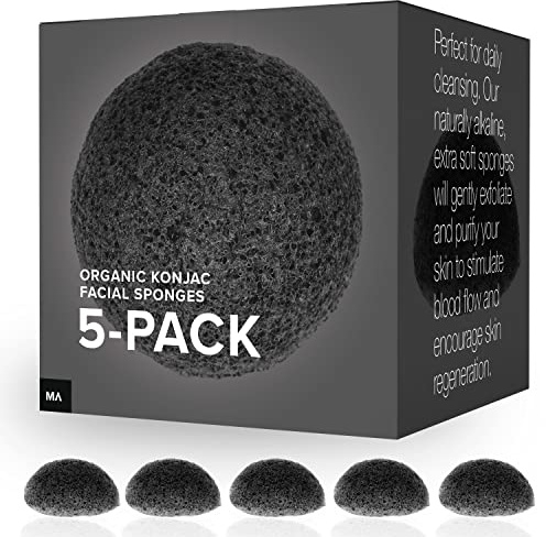 Minamul Konjac Exfoliating Organic Facial Sponge Set, Gentle daily face scrub/skincare, best bamboo activated charcoal, Safe for Oily, Dry, Combination or Sensitive skin, Makeup Remover, 5 pack
