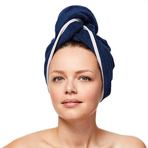 Sowel® Asciugamano Capelli a Turbante, Asciugacapelli rapido, 100% Cotone, Marina/Grigio