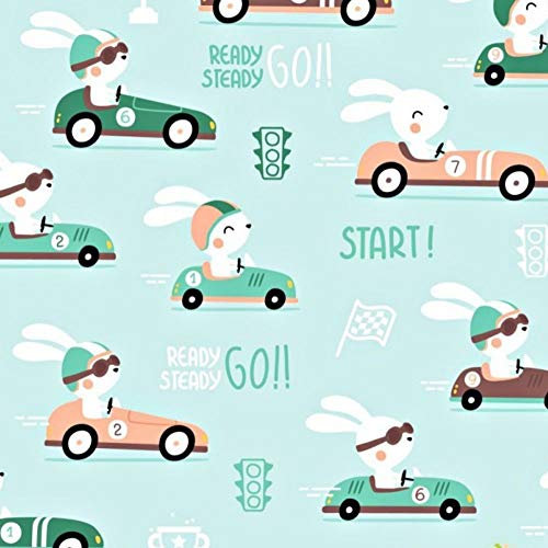 Pingianer 11,99€/m 100x160cm Hase 100% Baumwolle Baumwollstoff Kinder Meterware Handwerken Nähen Stoff (Hase Auto Türkis)
