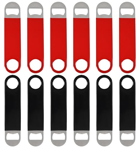 Gloreen 12 Packs Stainless Steel Flat Bar Blade Beer Bottle Opener | with Red and Black Coated Handle