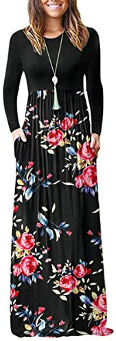 AUSELILY Damen Langarm Maxikleider Lässige Langkleider mit Taschen Winter Rose Schwarz S