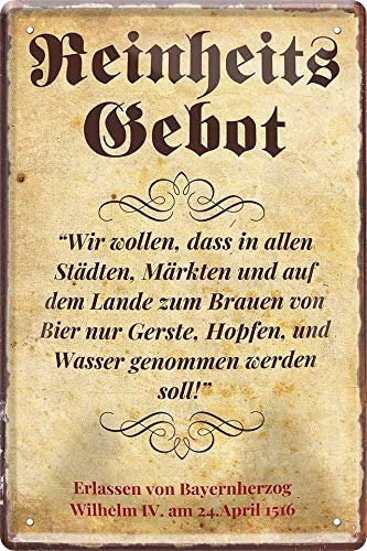 schilderkreis24 – Blechschild Lustiger Bier Spruch “Reinheitsgebot Gerste Hopfen Wasser“ Deko Küche Historisch Bayernherzog Bar Stammtisch Kneipe Geschenkidee Geburtstag Weihnachten 20x30 cm