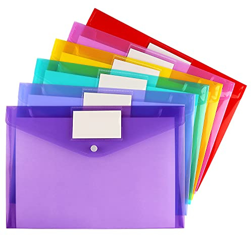 6 Pack Clear Document Folders Plastic Envelopes Poly Envelopes File Envelopes with Label Pocket and Snap Button for Home Work Office Organization, Letter Size/A4 Size, 6 Colors