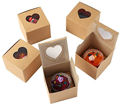 Komonee 24 x Cupcake Boxes Individual Heart Shape Kraft Brown Clear Window Single Fairy Cup Cake Cardboard Packaging Box Baking Kids Muffins Cookies Brownies Christmas Bake Weddings