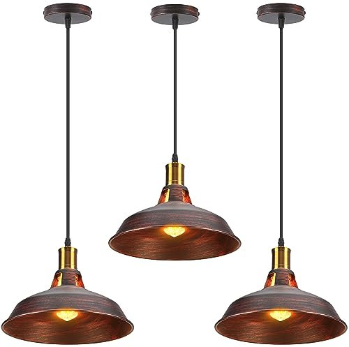 TOKIUS Retro Pendelleuchte, Ø27cm Hängelampe Vintage Industrial Style Metall Deckenleuchte E27 Fassung Hängeleuchte für Esszimmer Küche Restaurant (Rost Kupfer, 3 Stücke)