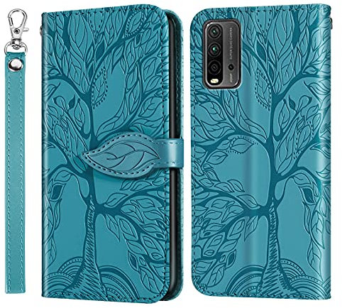 Succtopy Hülle für Xiaomi Redmi 9T, PU Leder Folio Flip Handy Schutzhülle Redmi 9T Blatt Magnetisch Standfunktion Cover Case Brieftasche Phone Handyhülle Klapphülle Xiaomi Redmi 9t, Baum Blau